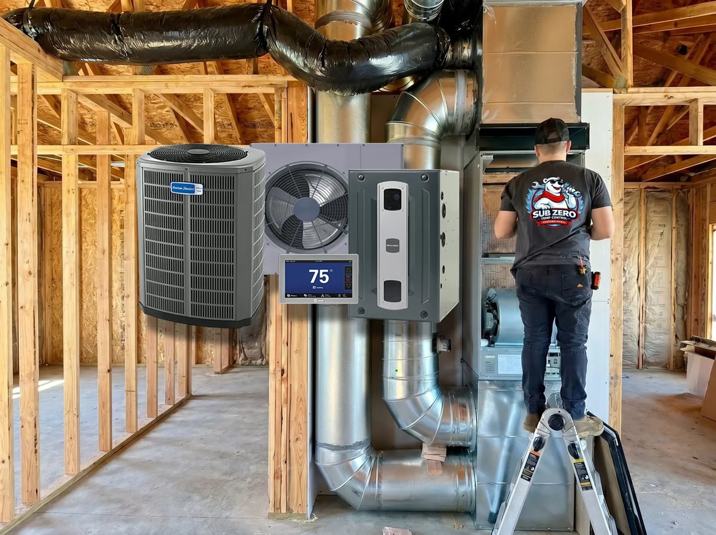 Sub Zero tech finishing a new heat pump and furnace install